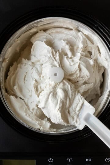 Freshly churned vegan coconut ice cream in a Whynter ice cream maker.