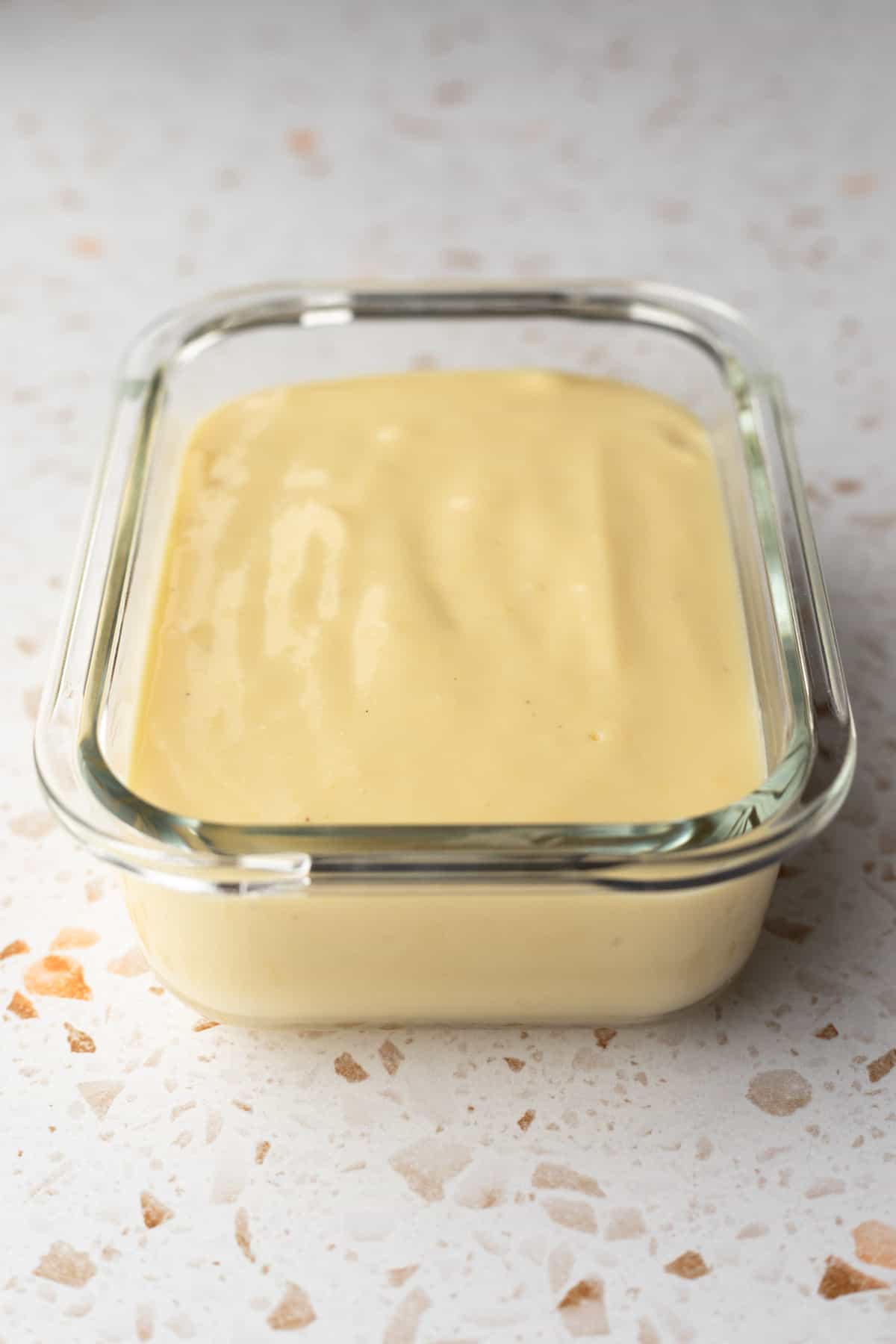 oil-free vegan buttery spread in a rectangular glass container.
