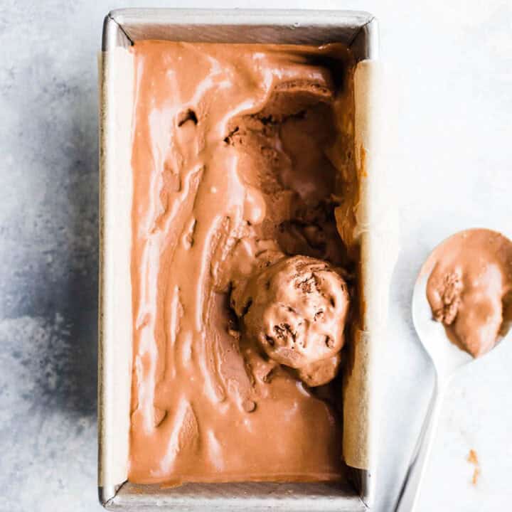 overhead shot of vegan chocolate tahini ice cream in a pan.