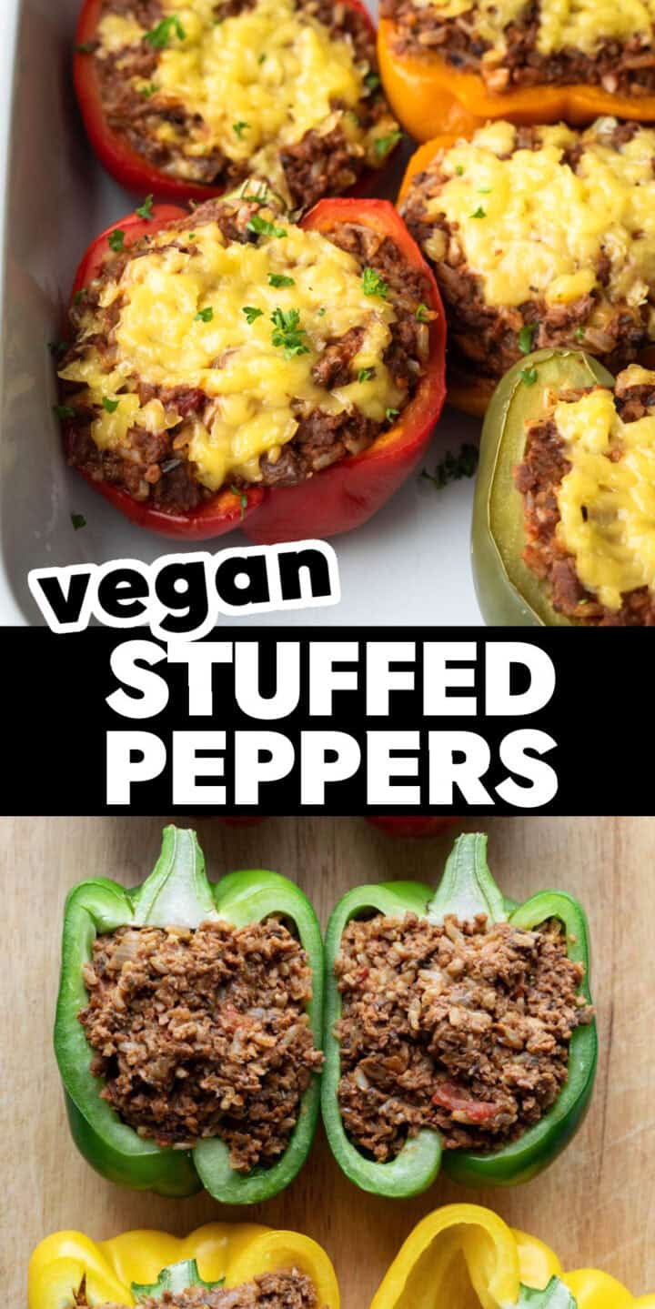 An image of stuffed peppers with text for saving the recipe on Pinterest.