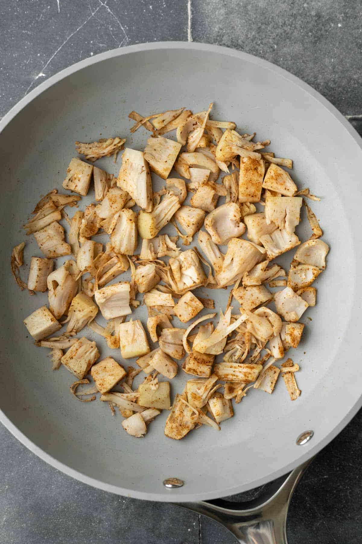Jackfruit is lightly seasoned with old bay and lemon juice and sauteed to enhance the flavors.