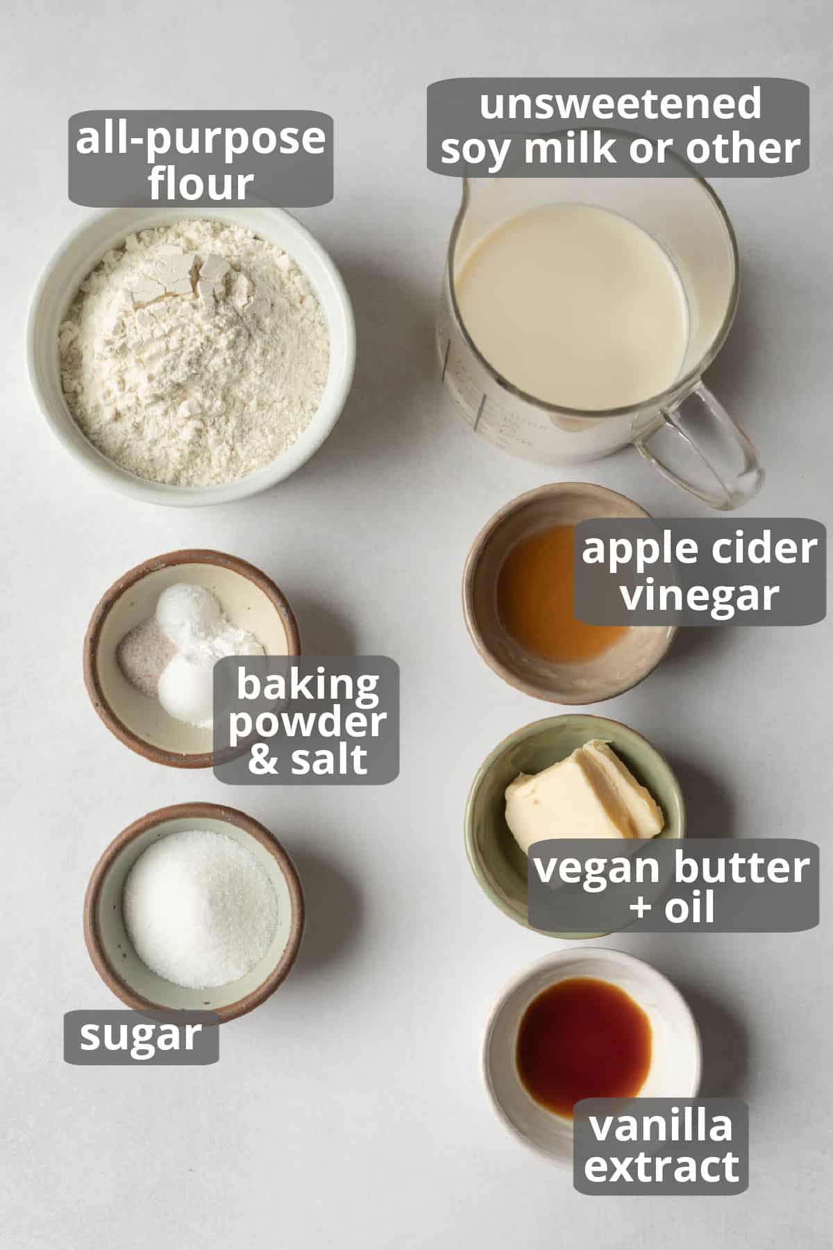 A labeled photo of the measured ingredients needed for vegan pancakes.