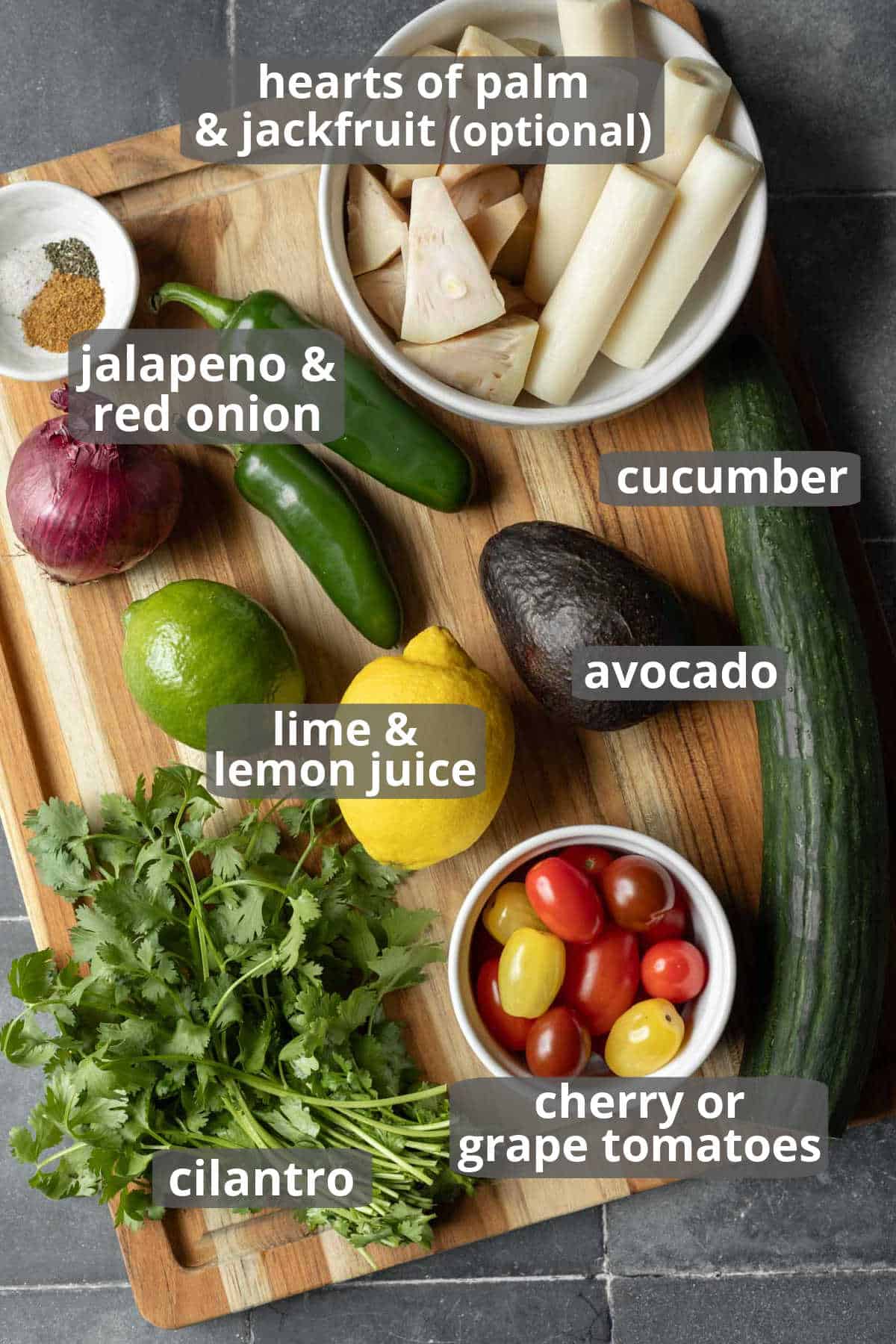 Labeled photo of the ingredients needed to make vegan ceviche.