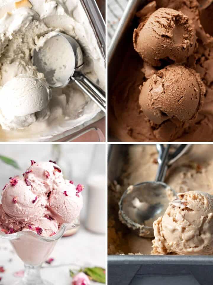 A collage of 4 different vegan ice creams featured in this recipe collection.