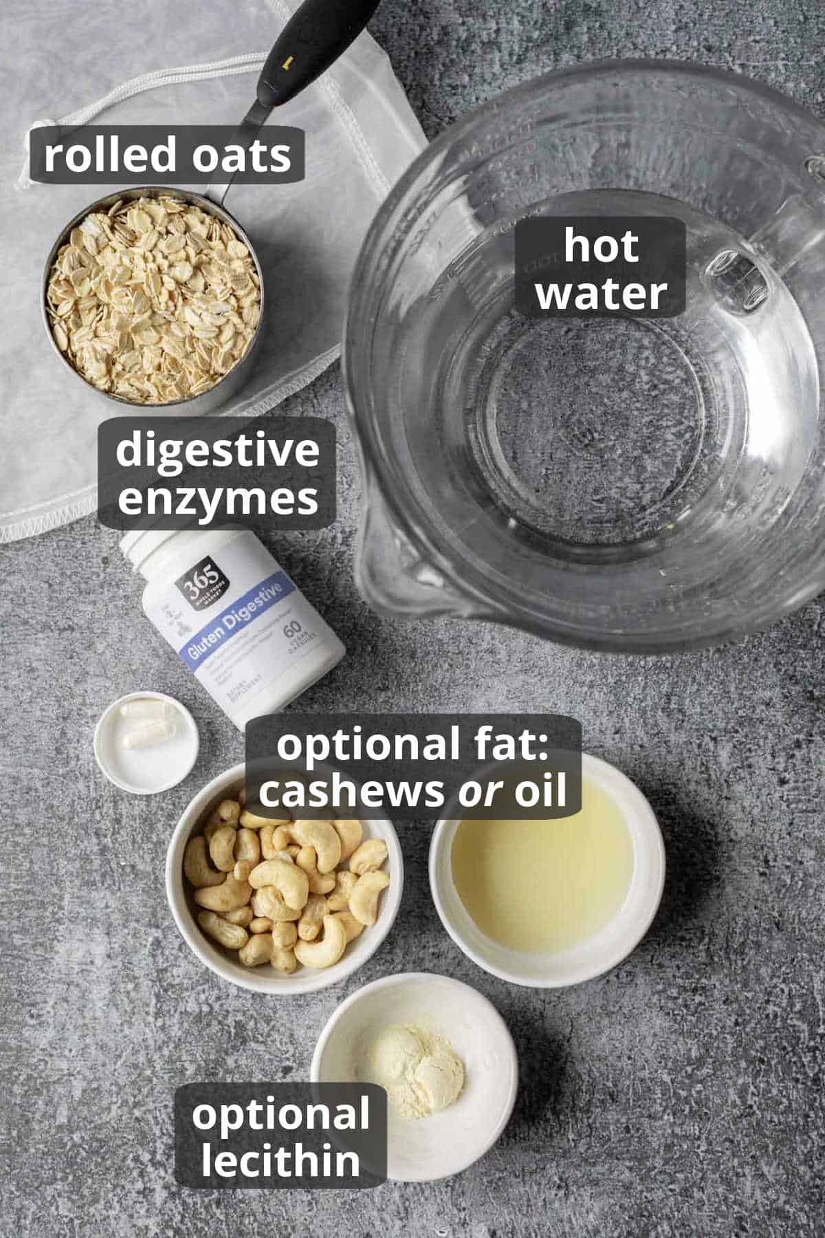 Labeled photo of the ingredients needed to make oat milk with enzymes.