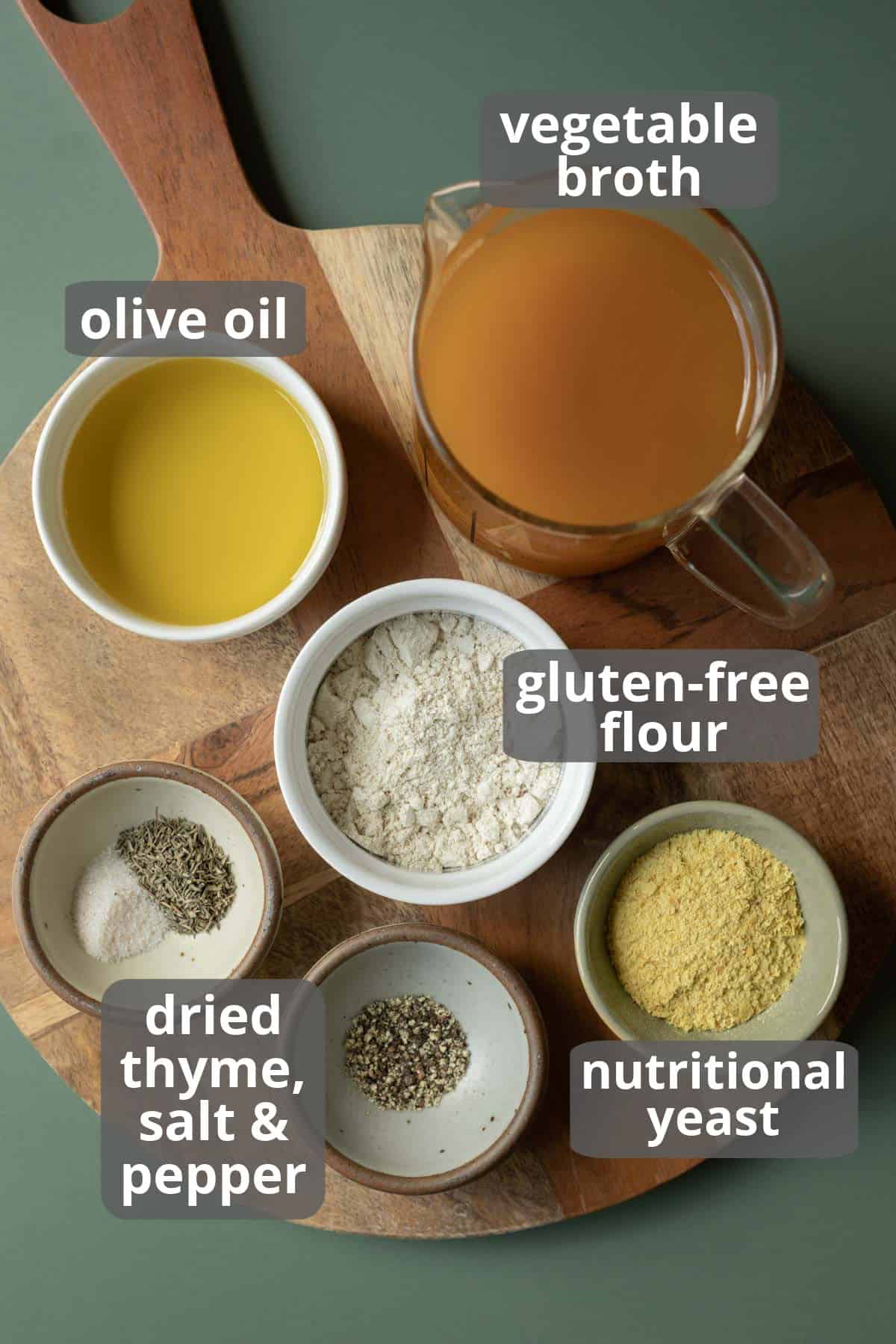 Labeled photo of the ingredients needed to make vegan gravy with gluten free flour and olive oil.