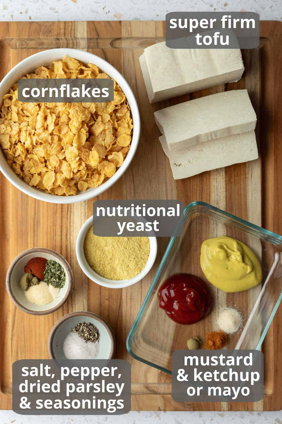 Labeled photo of the 9 ingredients needed to make tofu fries.