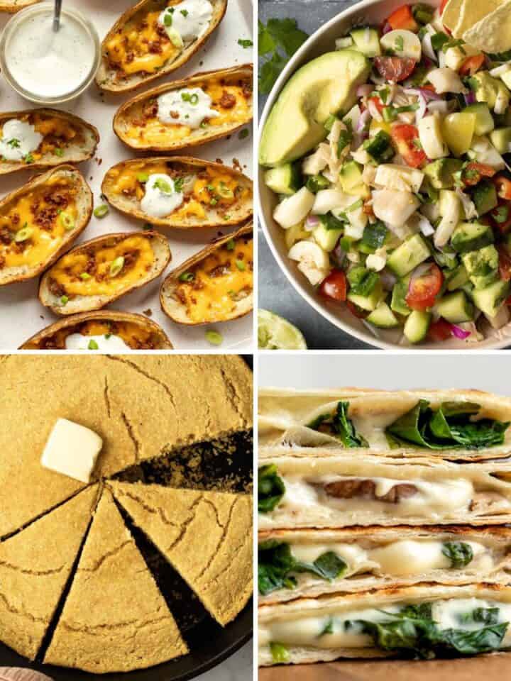 Four photo collage of various dishes to serve with chili.