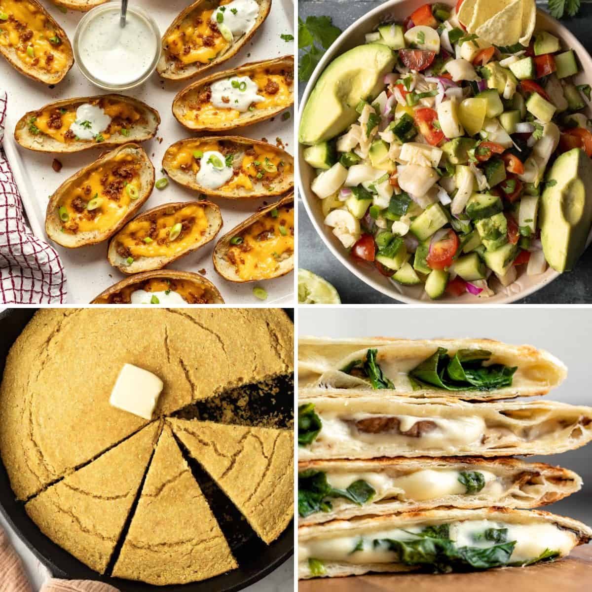 Four photo collage of various dishes to serve with chili.