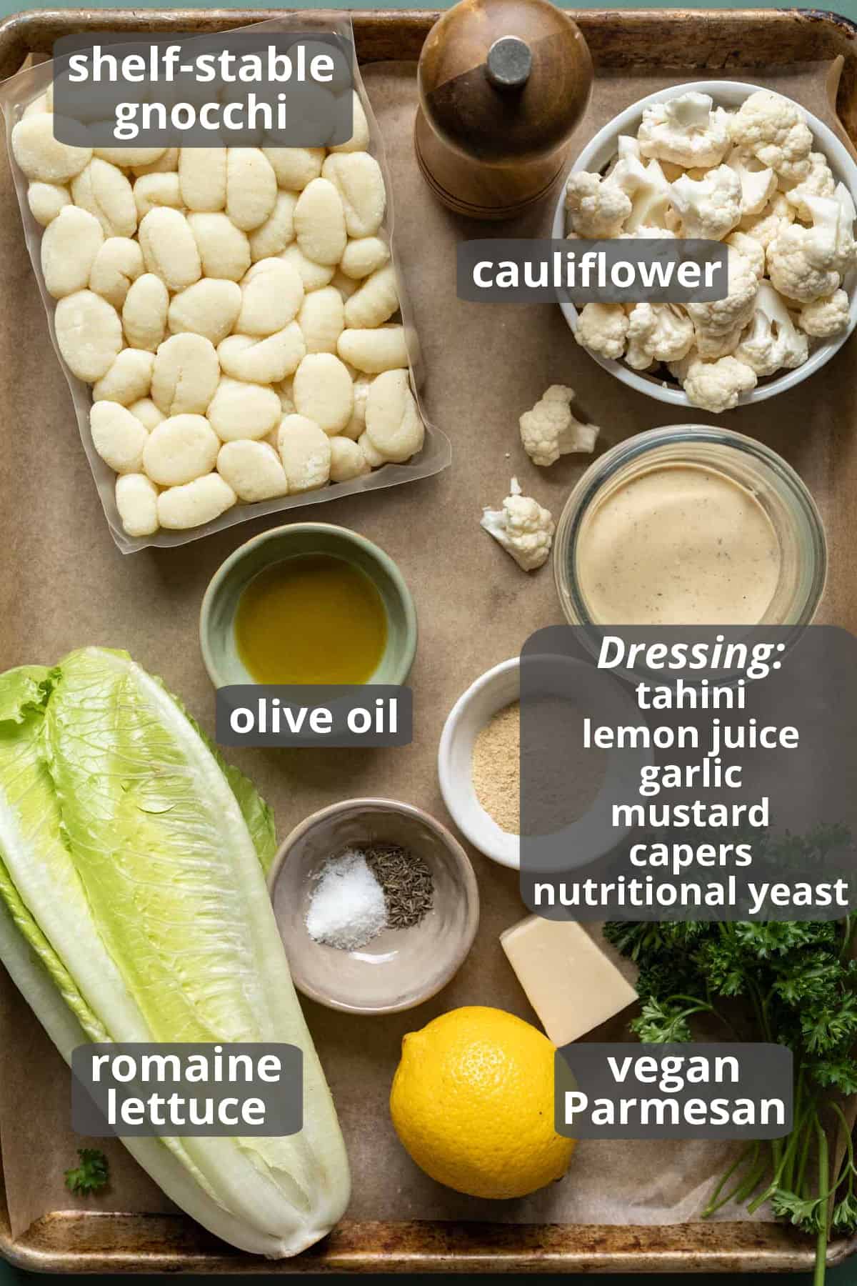 Labeled photo of the ingredients needed to make the salad.