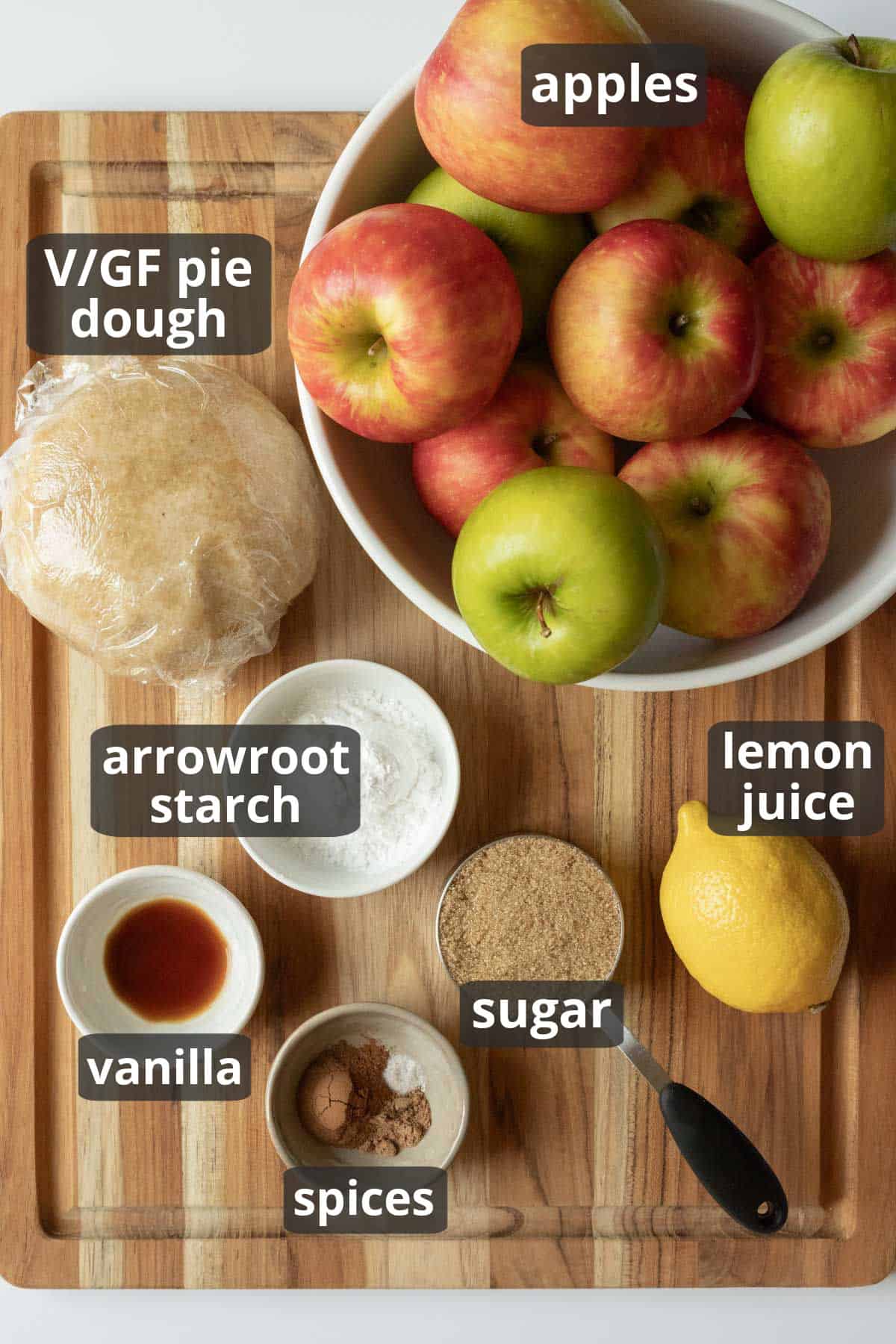 A labeled photo of the ingredients needed for apple pie.