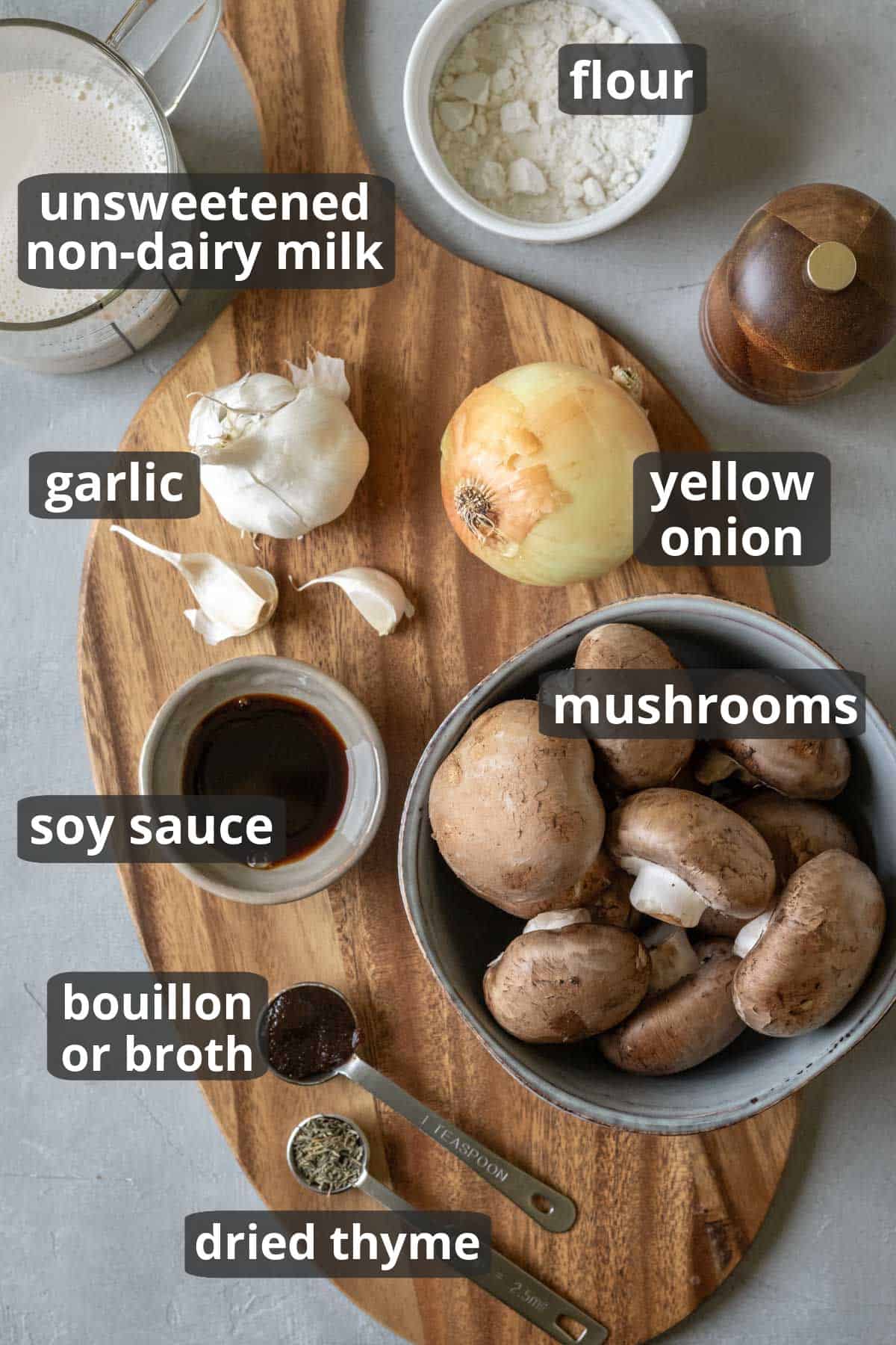 Labeled photo of the ingredients needed for mushroom gravy laid out on a wood board.