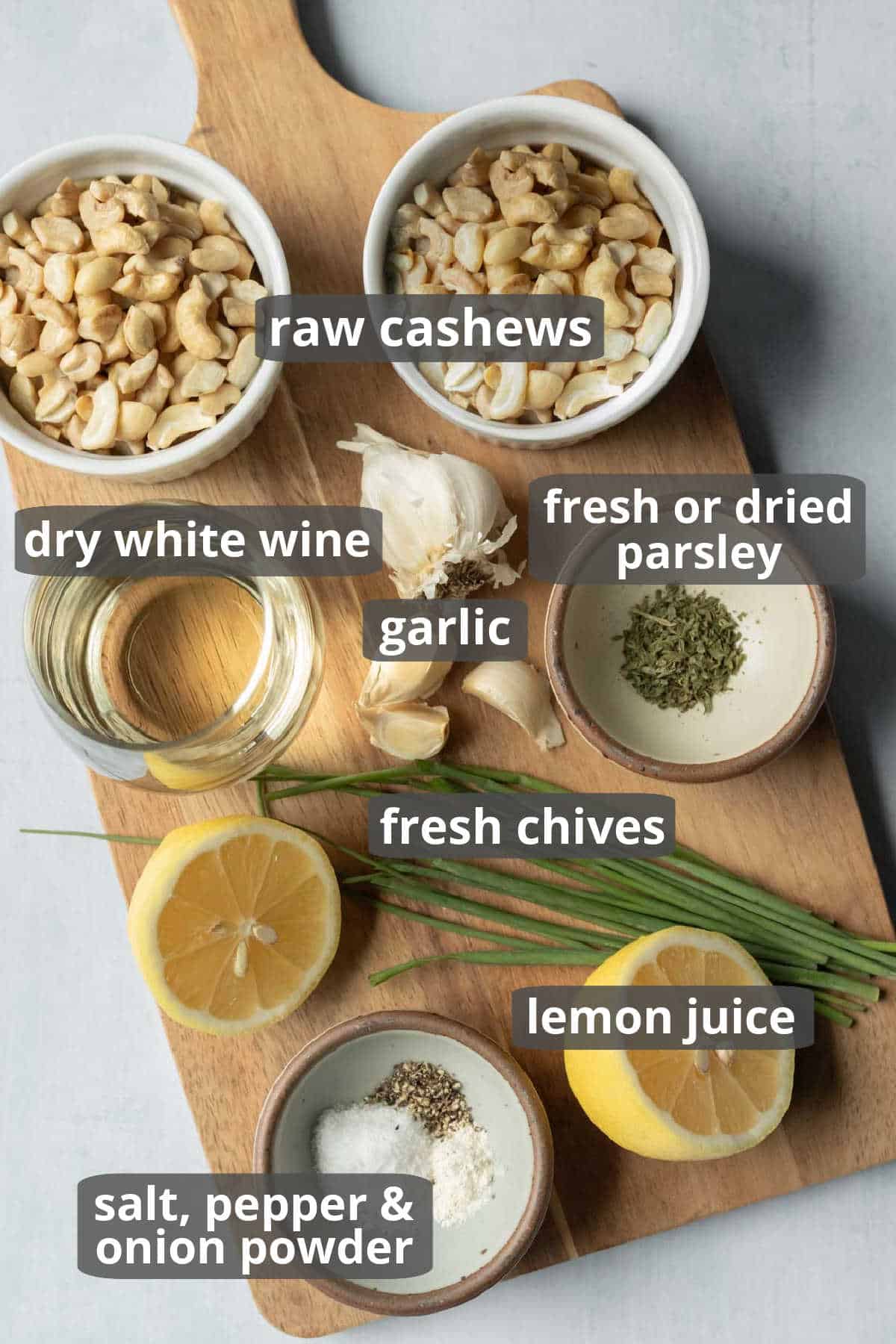 A labeled photo of the ingredients needed to make vegan boursin-style cheese.