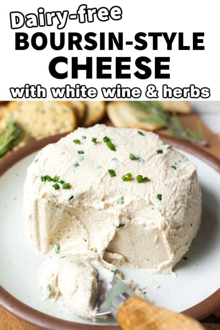 Photo of the cashew cheese on a plate with text overlay for Pinterest.