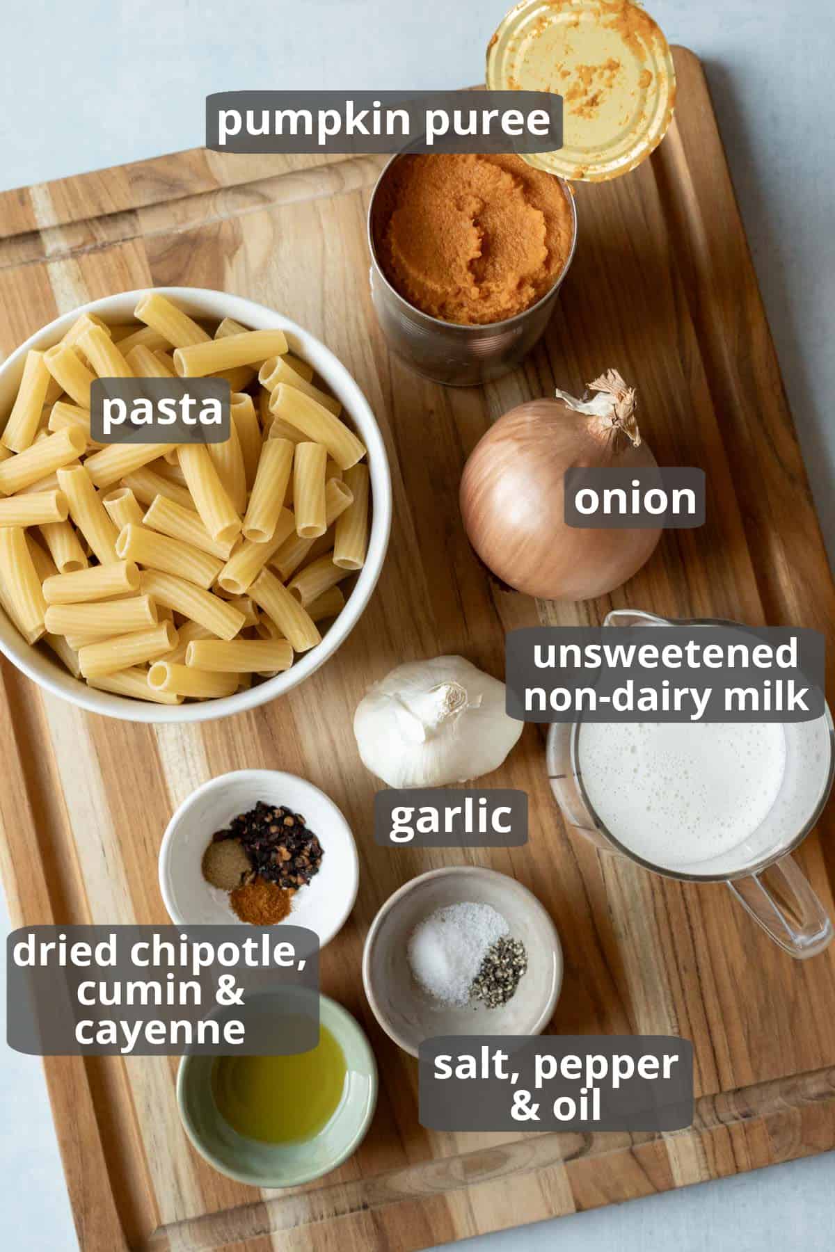 Labeled photo of the ingredients needed to make chipotle pumpkin pasta.