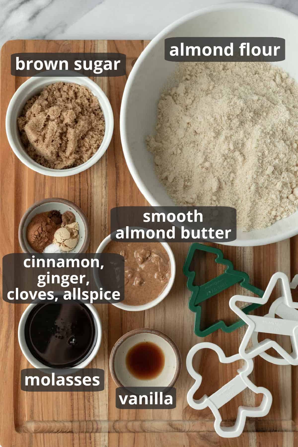 A labeled photo of the ten ingredients needed for the cookies.