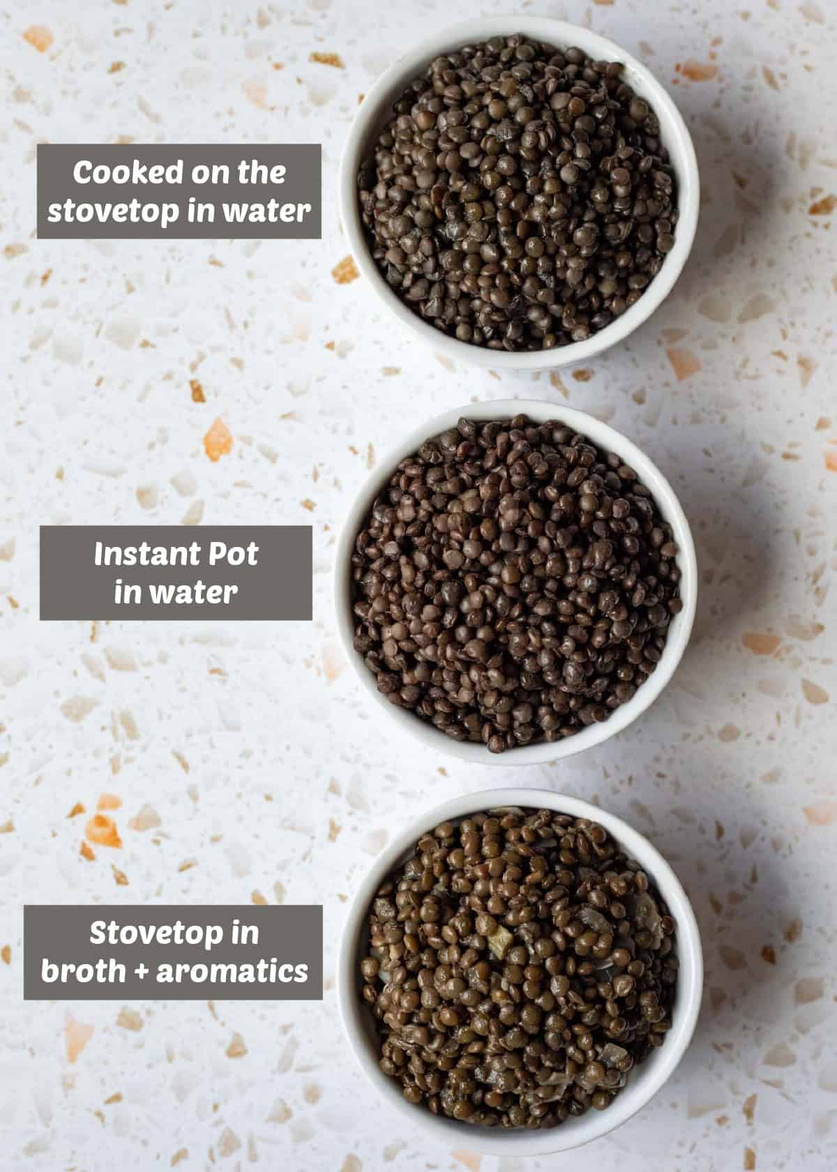 Three bowls of cooked lentils to show the difference in color.