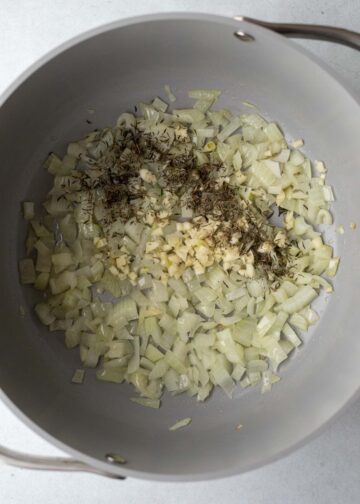 Sauteing chopped onion, minced garlic, and seasonings in a pot.