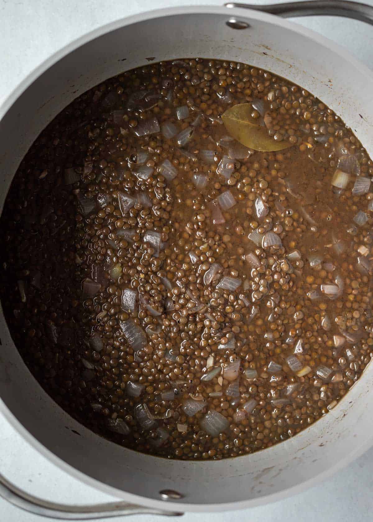 Black lentils in a pot after cooking.