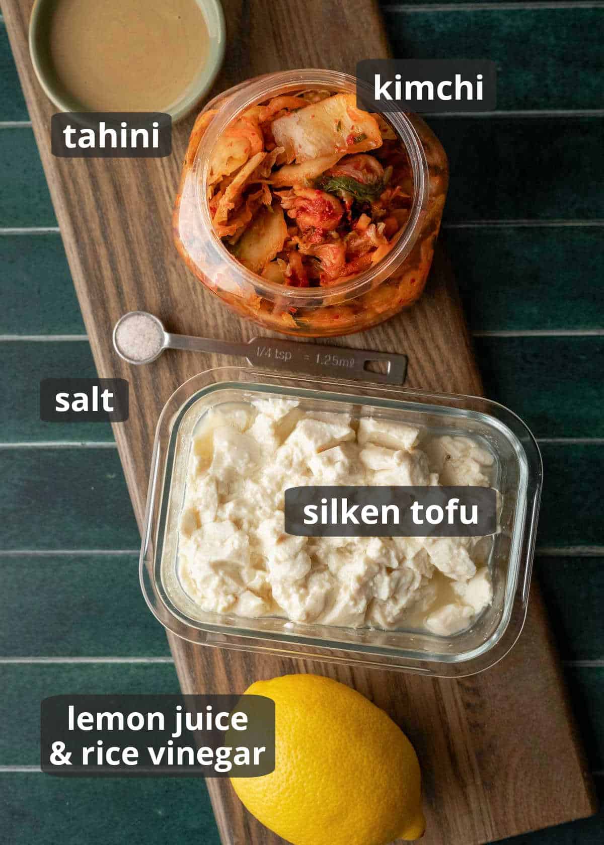 Labeled photo of the five ingredients needed to make creamy kimchi sauce.