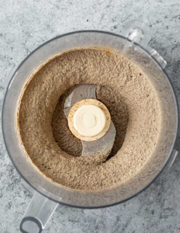 Black lentil dip in a food processor after blending.