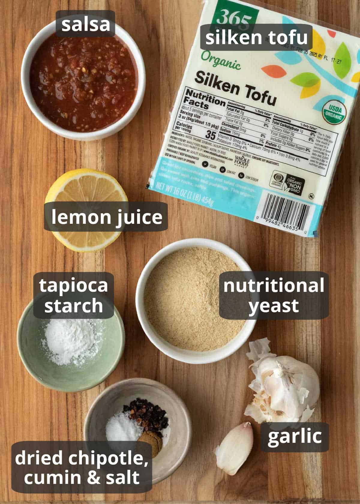 A labeled photo of the ingredients in tofu queso.