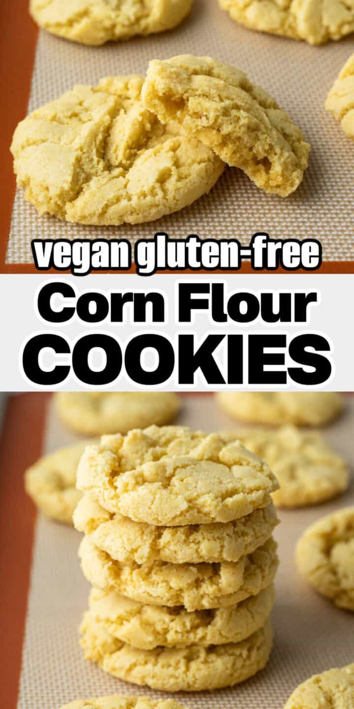 Two photos of the baked corn cookies with text overlay to save on Pinterest.