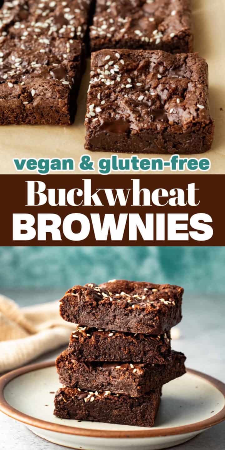 Two photos of the baked brownies with text to save onPinterest.