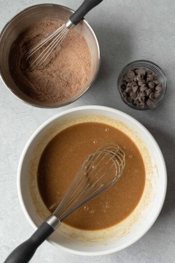 Mix wet and dry ingredients in separate bowls.