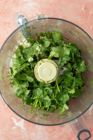 Cilantro and garlic in a food processor.