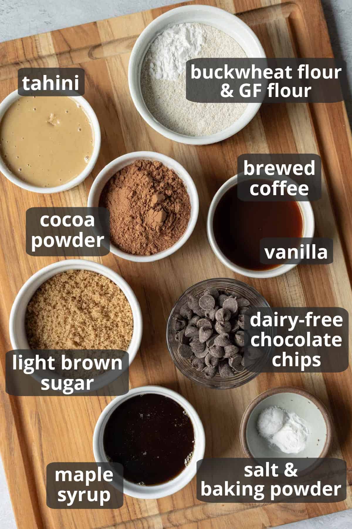 A labeled photo of the ingredients needed to make gluten free buckwheat brownies.