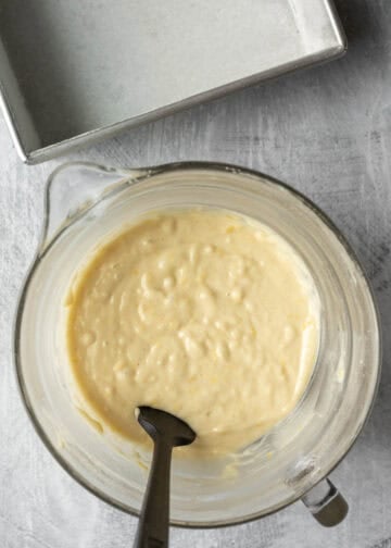 Stirring together the wet and dry ingredients for cake bater.