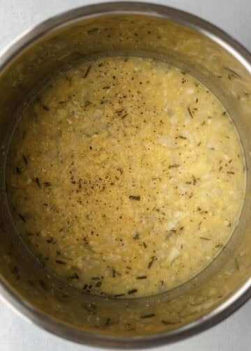 Looking inside the Instant Pot at the cooked red lentil soup prior to blending.
