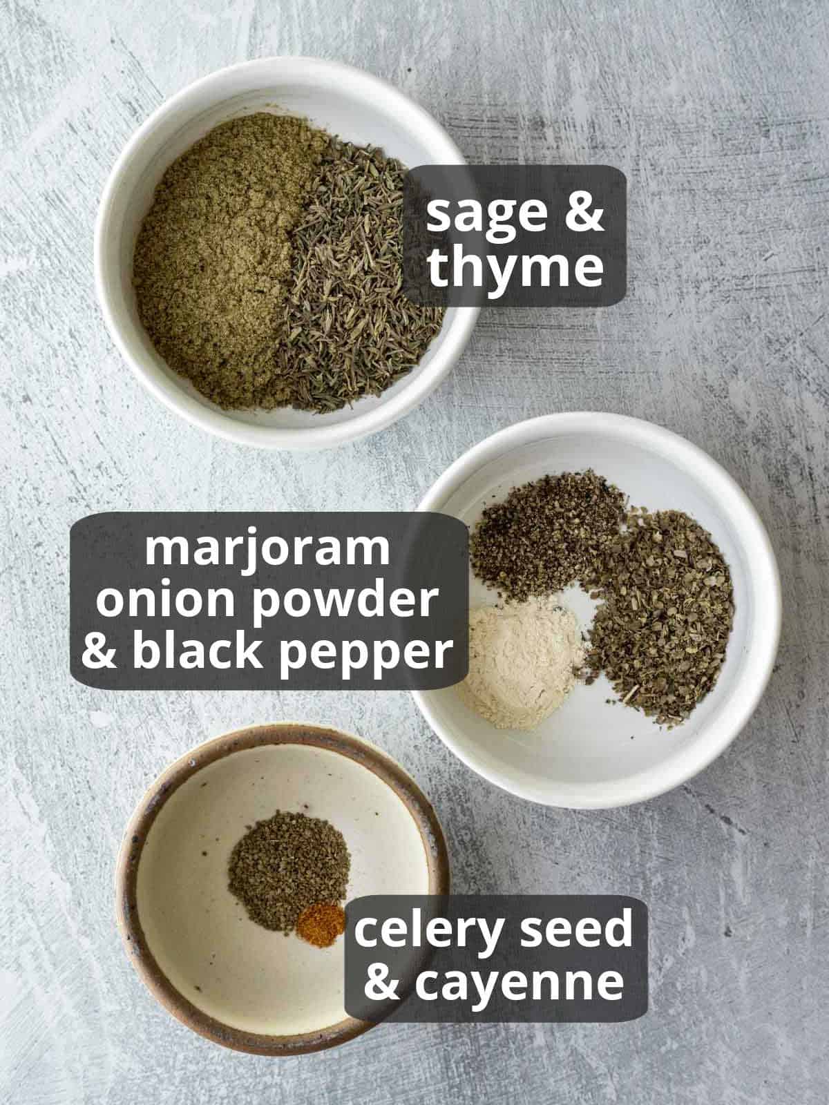 Labeled photo of the 7 ingredients in homemade poultry seasoning.