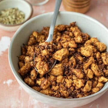 A bowl filled with vegan sausage tofu crumbles.