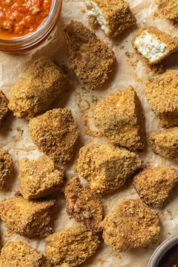 Freshly baked tofu nuggets with two dipping sauces.
