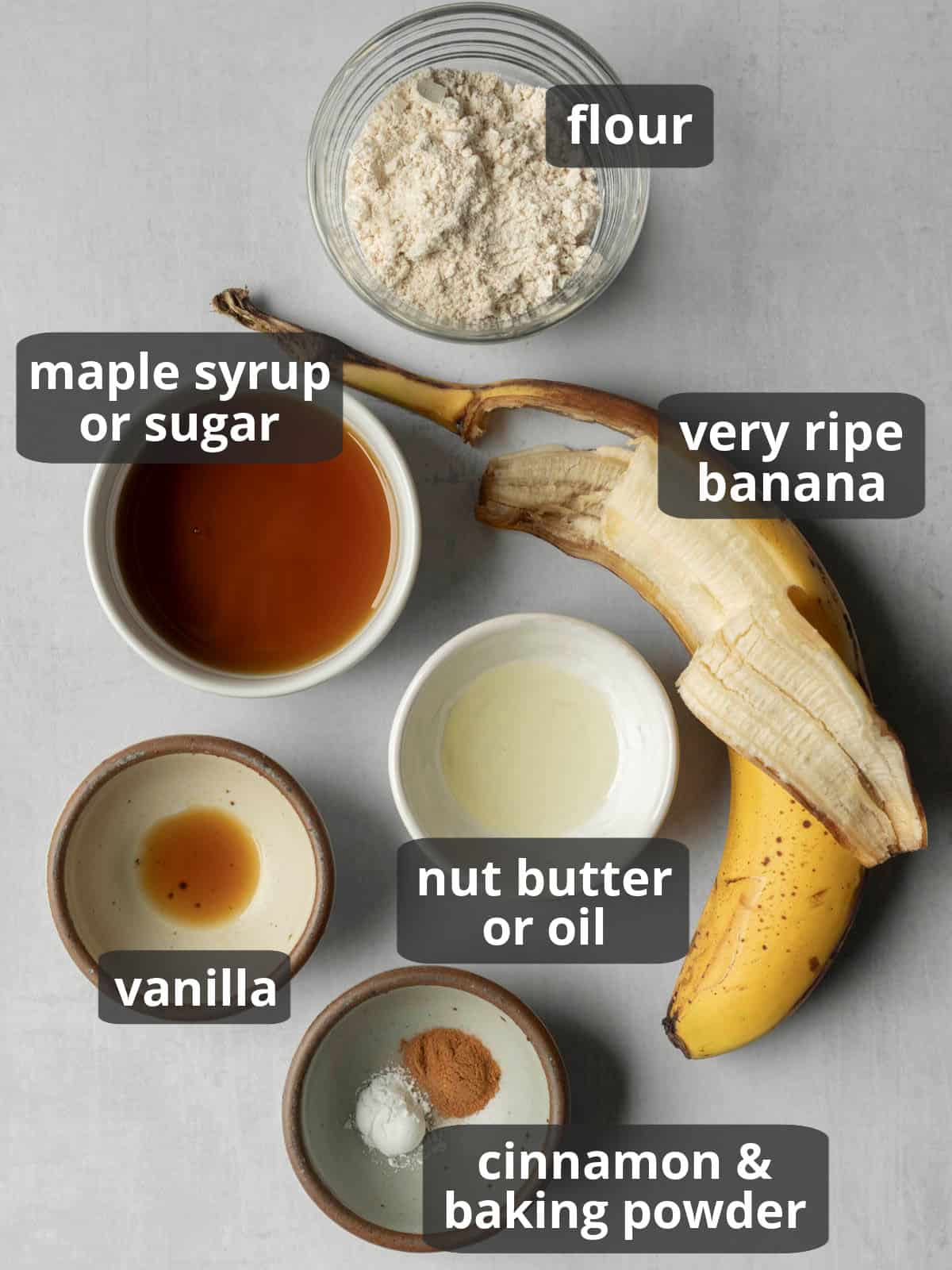 labeled photo of the 7 ingredients needed for banana mug cake.
