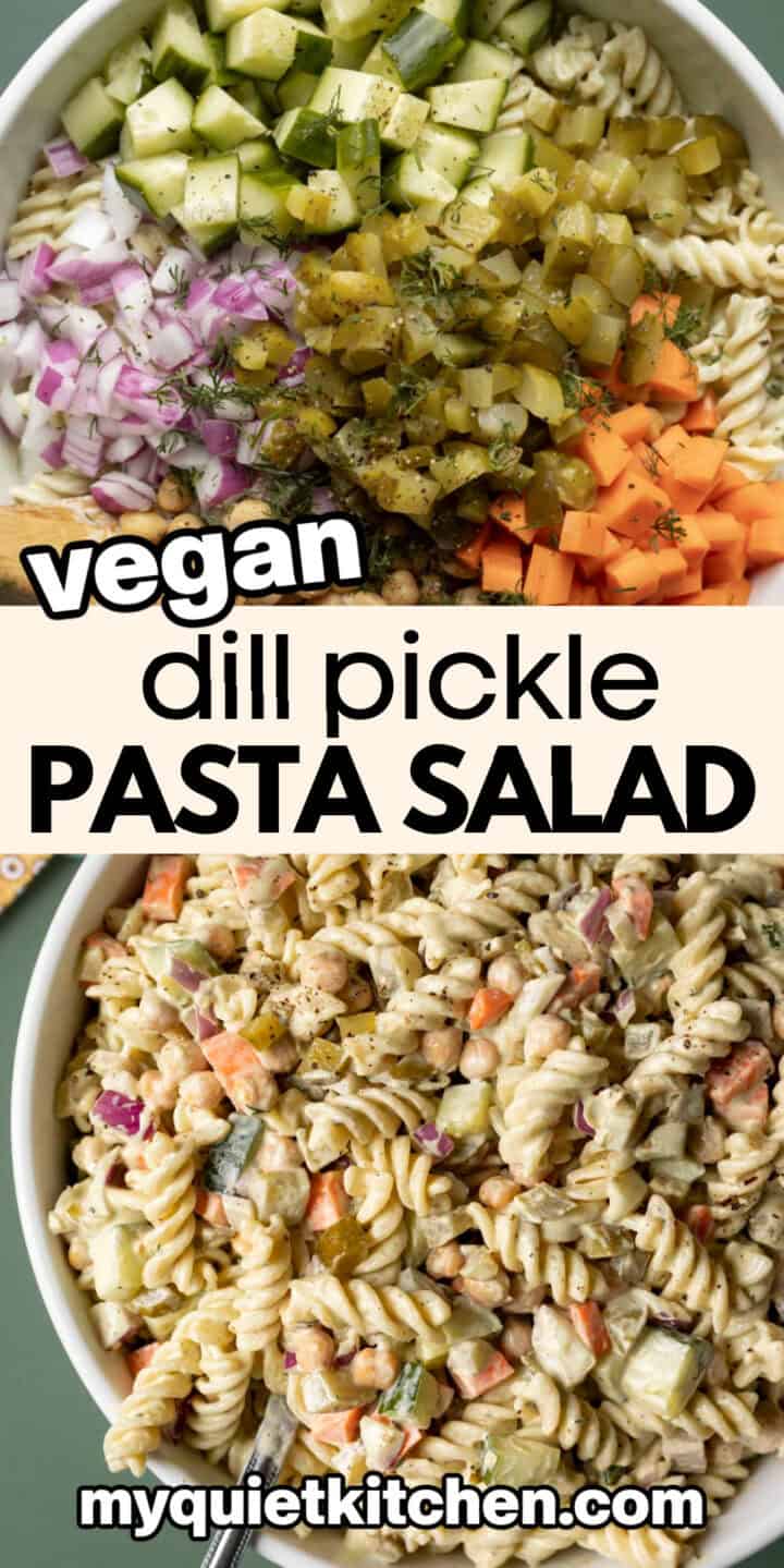 Photos of the pasta salad with text to save on Pinterest.