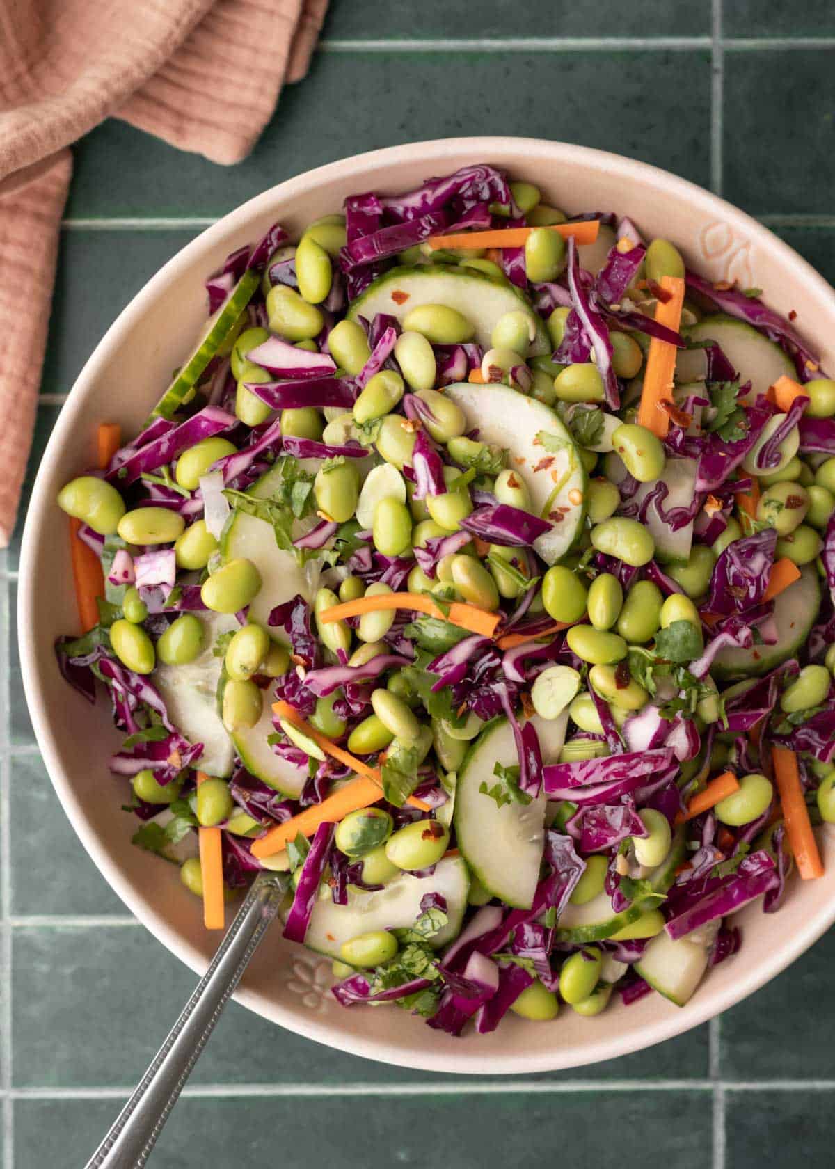 Overhead view of colorful edamame salad in a pink serving bowl.