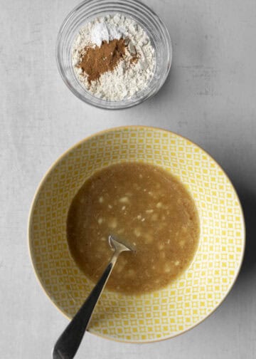 Wet and dry ingredients for banana bread mug cake.