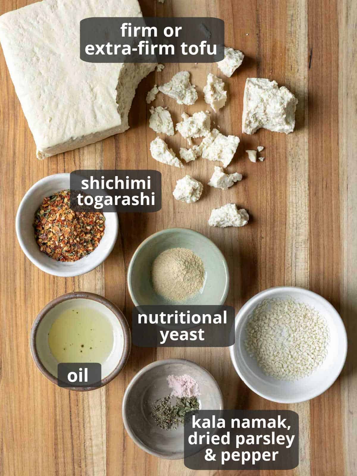 A labeled photo of the 7 ingredients needed for togarashi tofu scramble.
