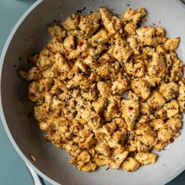 Spicy togarashi extra firm tofu scramble in a skillet.