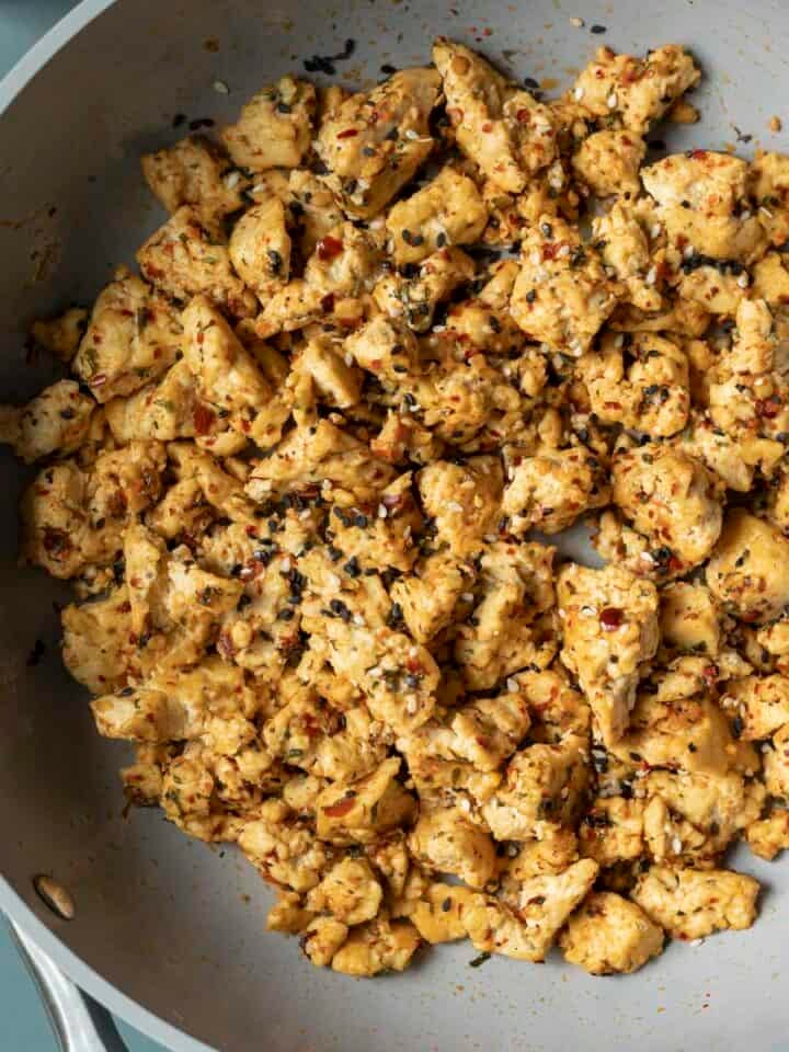 Spicy togarashi extra firm tofu scramble in a skillet.