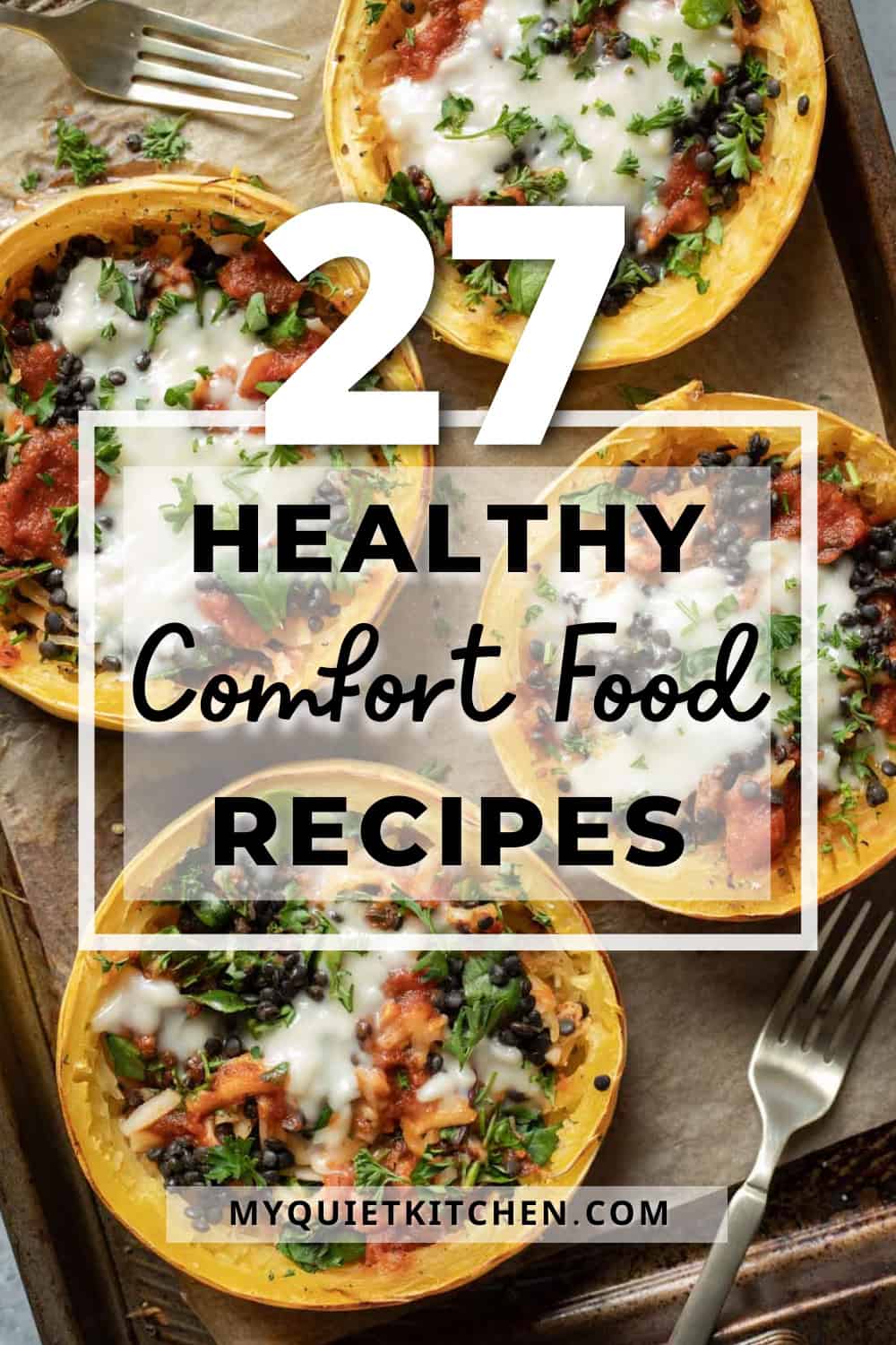 Photo of colorful stuffed squash with text overlay to save on Pinterest.