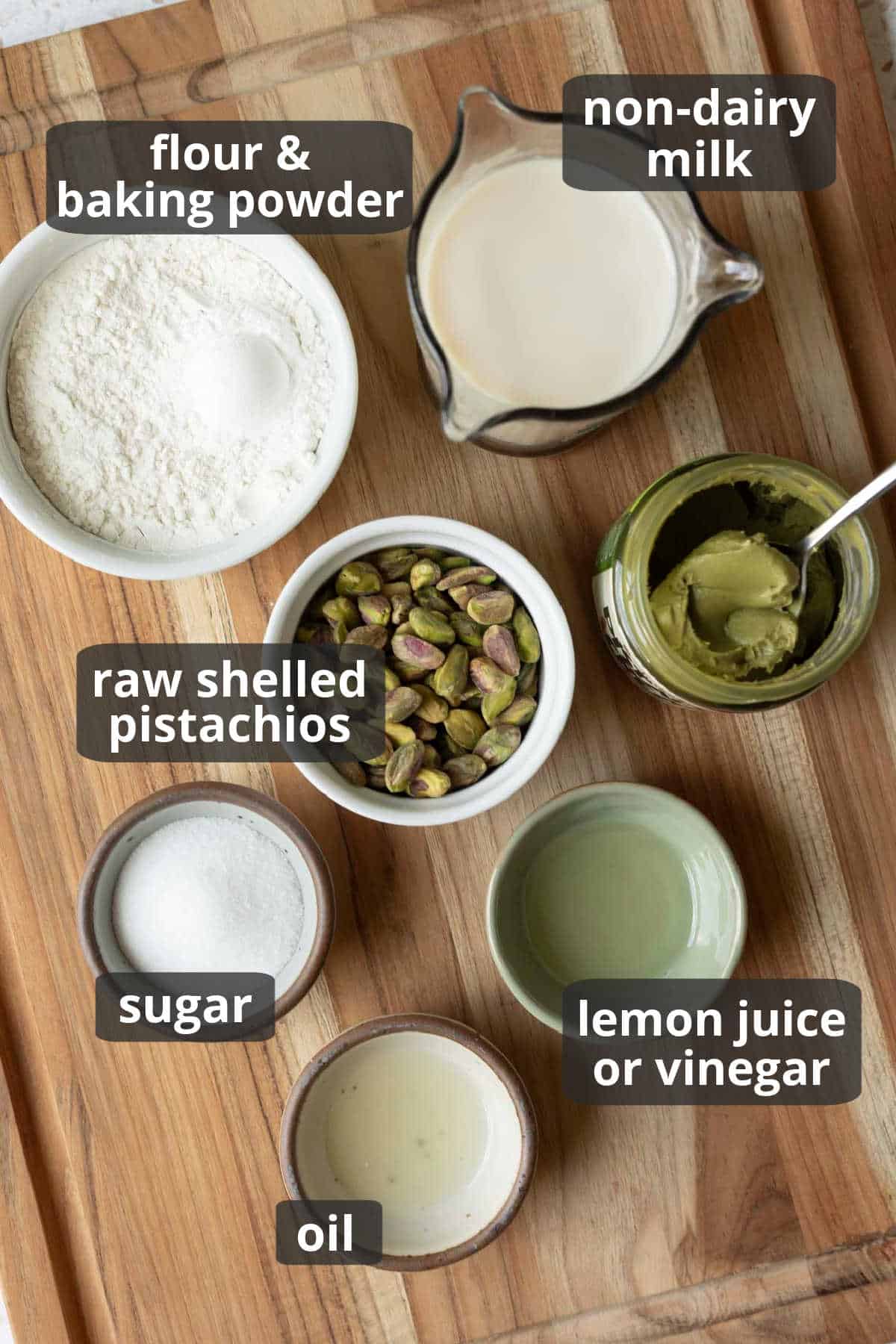 Labeled photo of the ingredients needed to make vegan pistachio cookies.