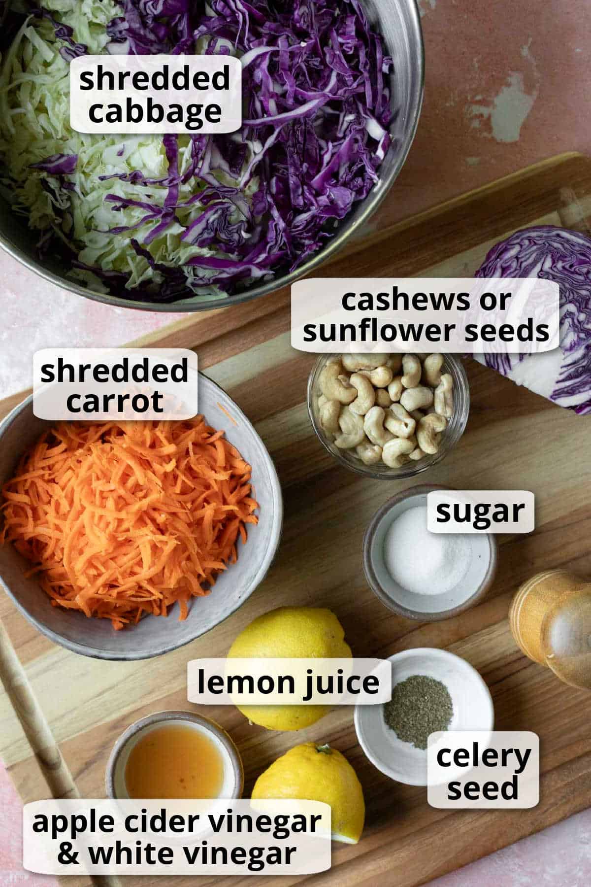 Labeled photo of the ingredients needed for vegan slaw.