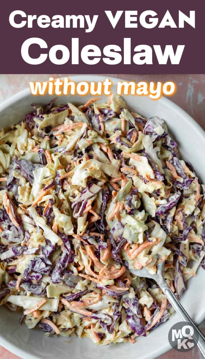 Coleslaw in a bowl with text overlay to save on Pinterest.