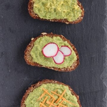 Overhead view of three slices of avocado toast.