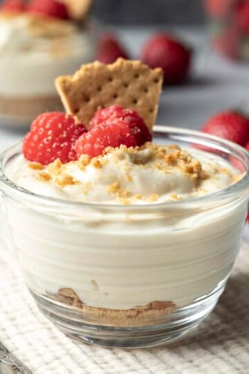 A small glass cup filled with cheesecake pudding with graham crumbs on bottom and fresh berries on top.