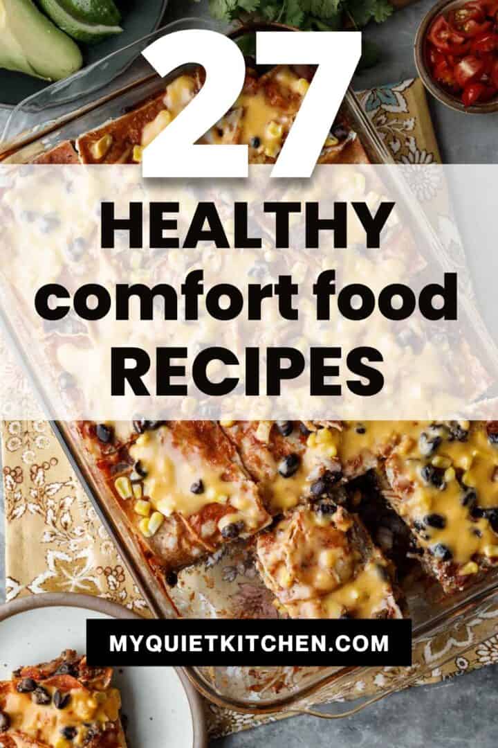 Enchilada casserole with text overlay for saving on Pinterest.